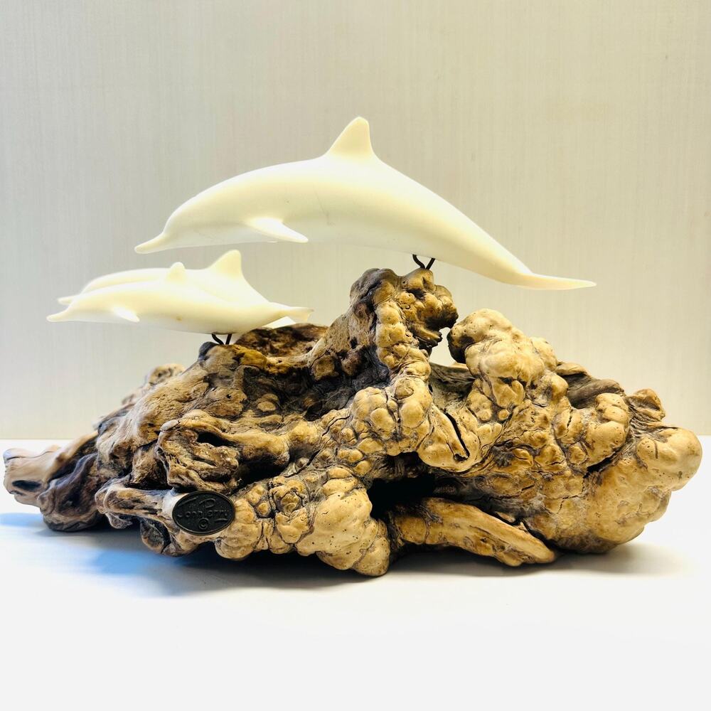 Vintage John Perry Large Trio Dolphin Pod Sculpture Natural Burl Wood Base AS IS